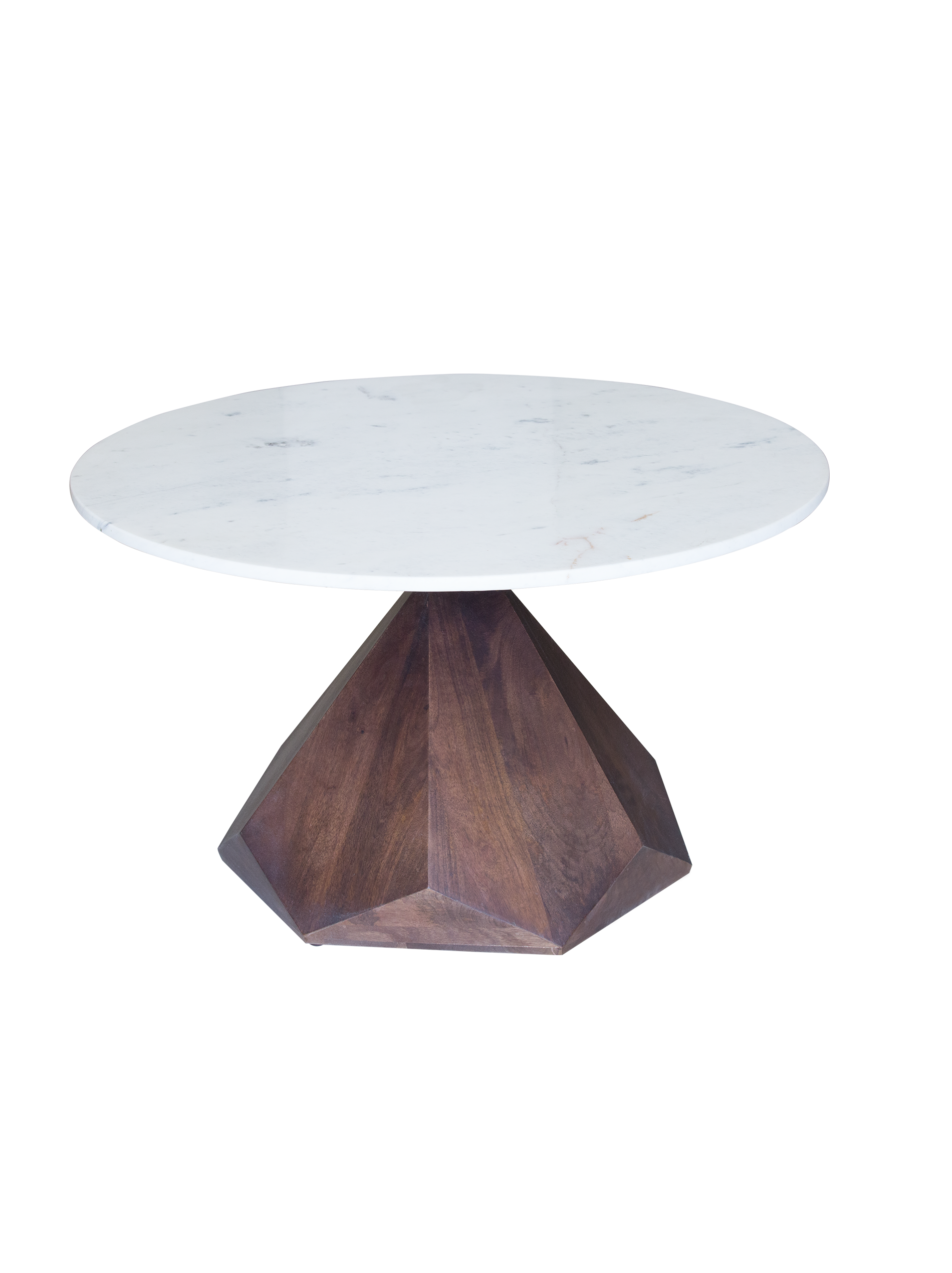 A round marble tabletop coffee table with a geometric wooden stand.
