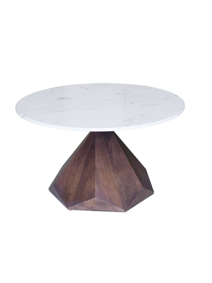 A round marble tabletop coffee table with a geometric wooden stand.