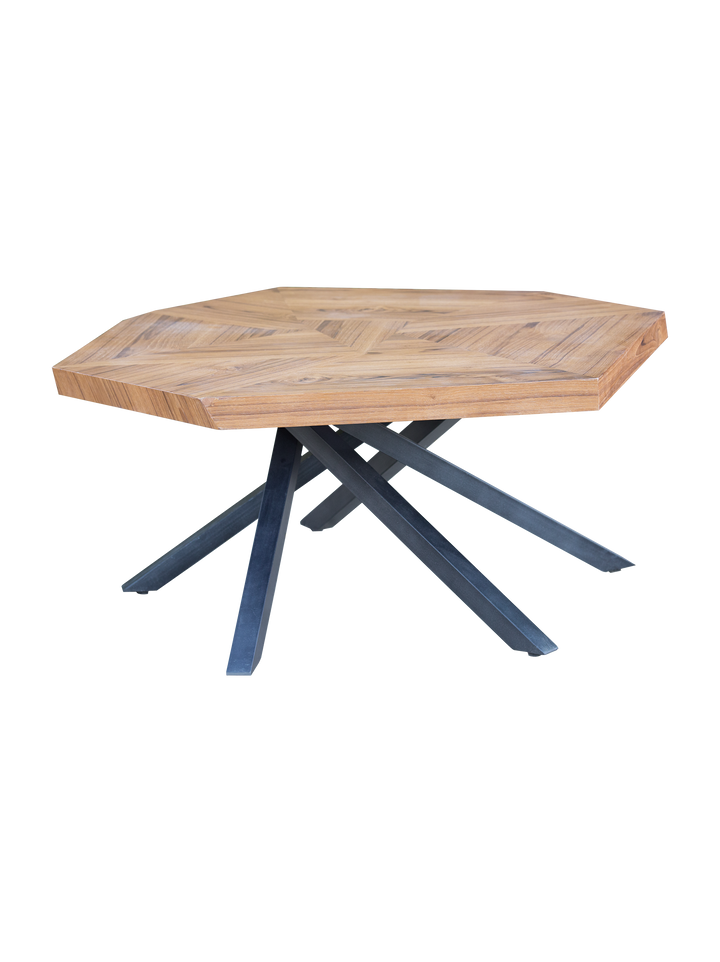 A rectangular Amelia Coffee Table with a wooden top and black iron legs.