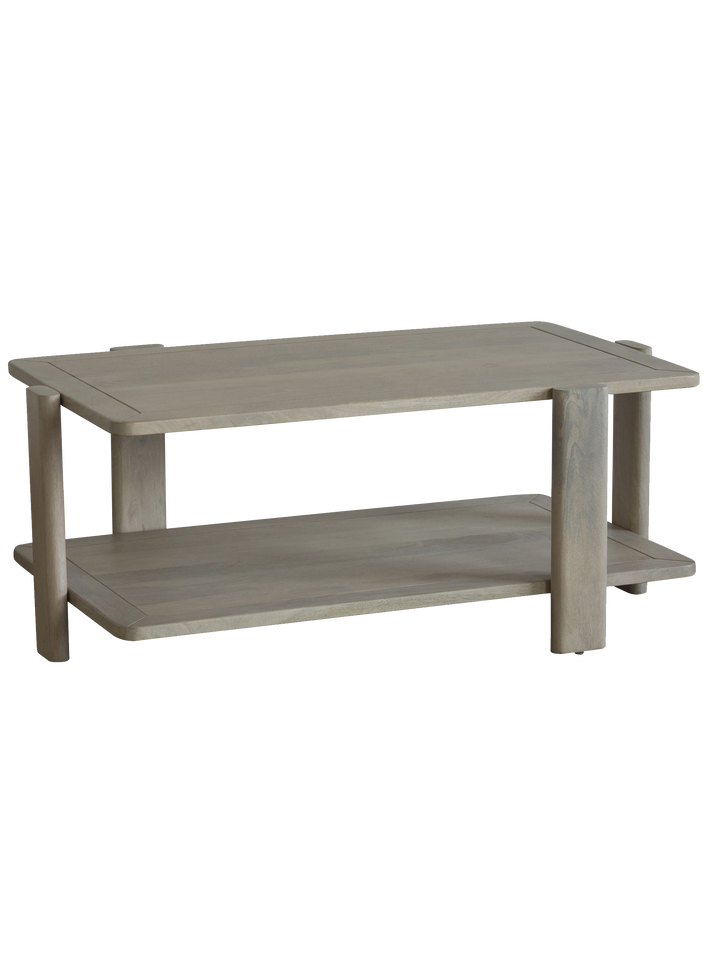 Wooden coffee table with a shelf on a white background