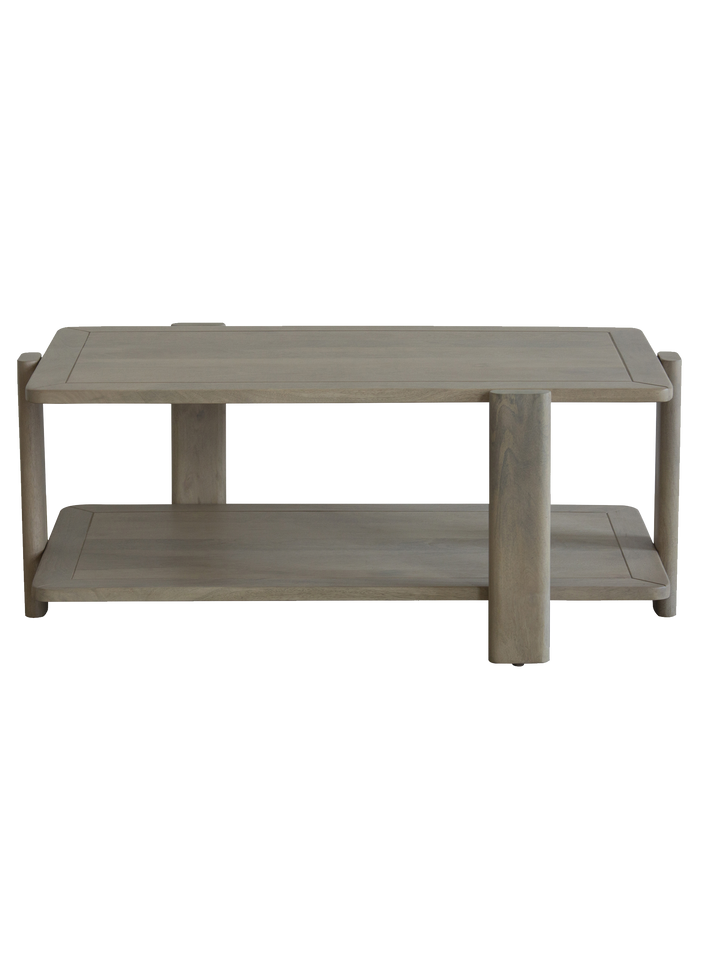 Beige coffee table with a shelf on a white background
