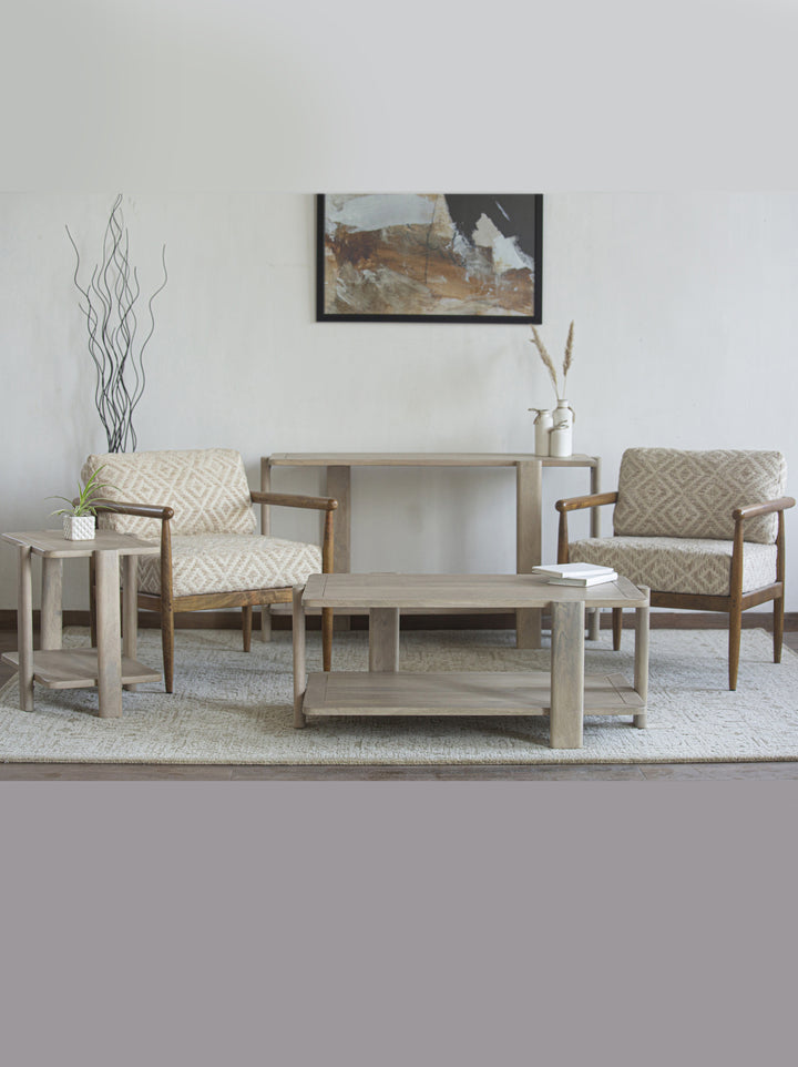 Living room with wooden furniture and a painting on the wall
