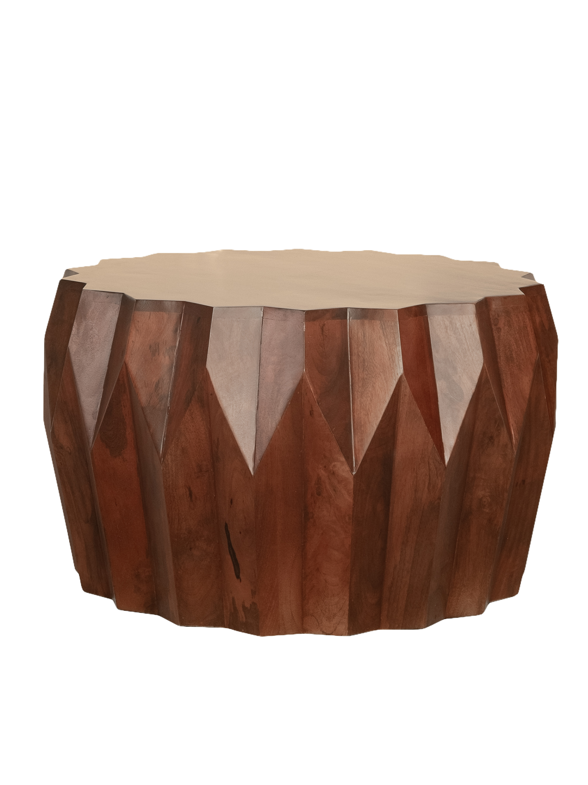 A round, solid wood coffee table with a geometric faceted shape, predominantly brown in color.
