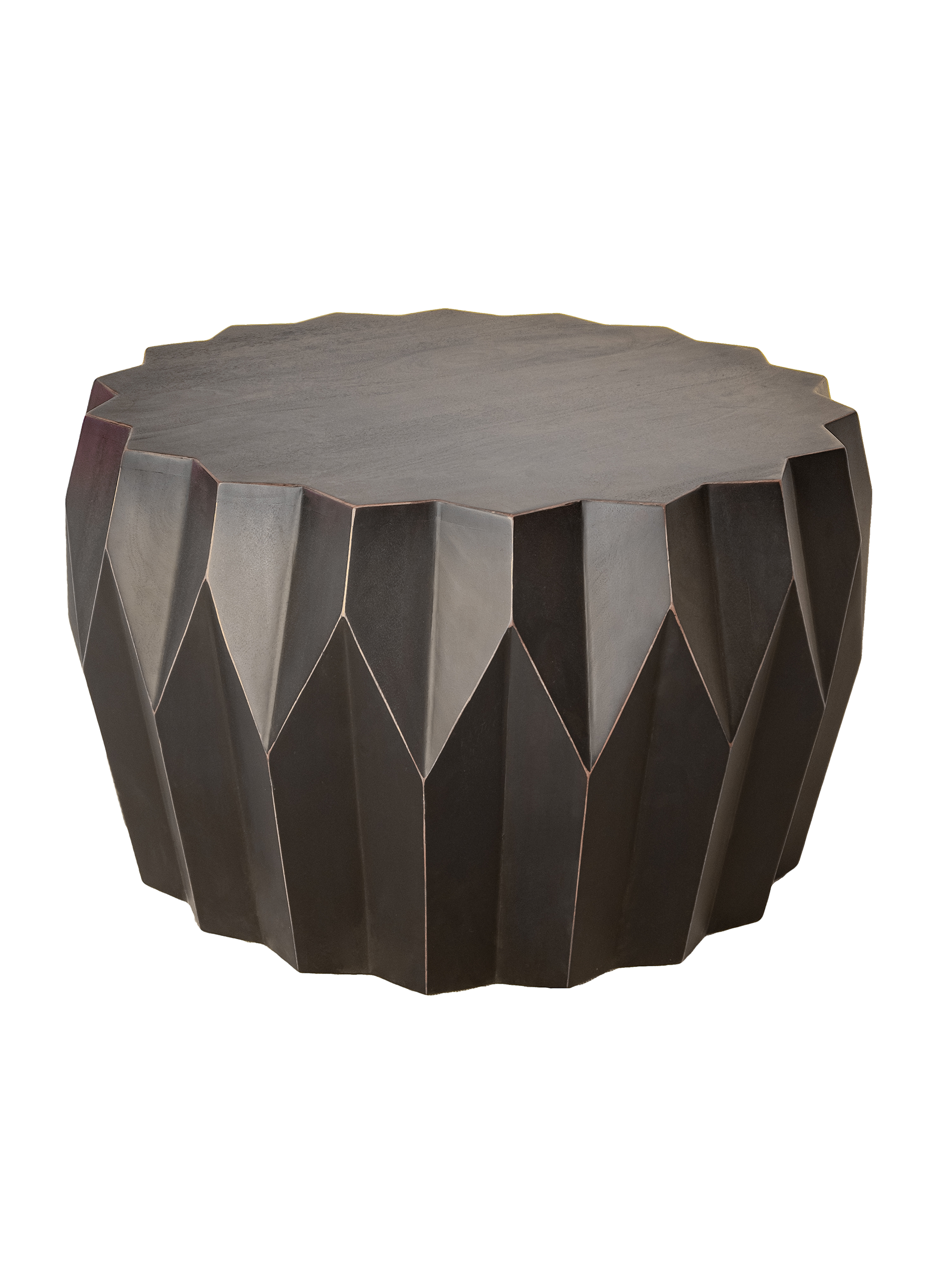 A round, solid wood coffee table with a geometric faceted shape, predominantly brown in color.