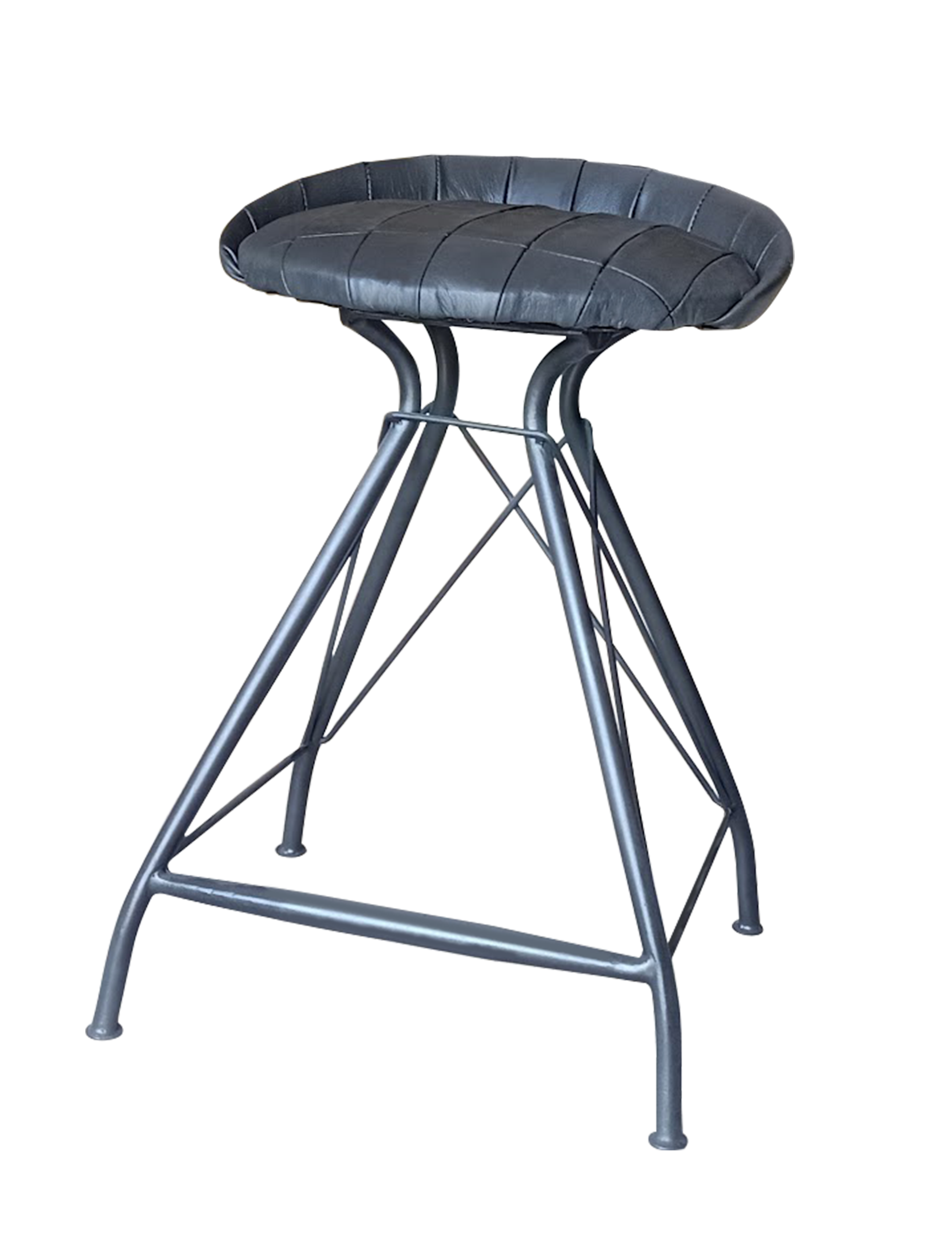 A gray Elbridge counter stool with a genuine leather seat and an iron frame.