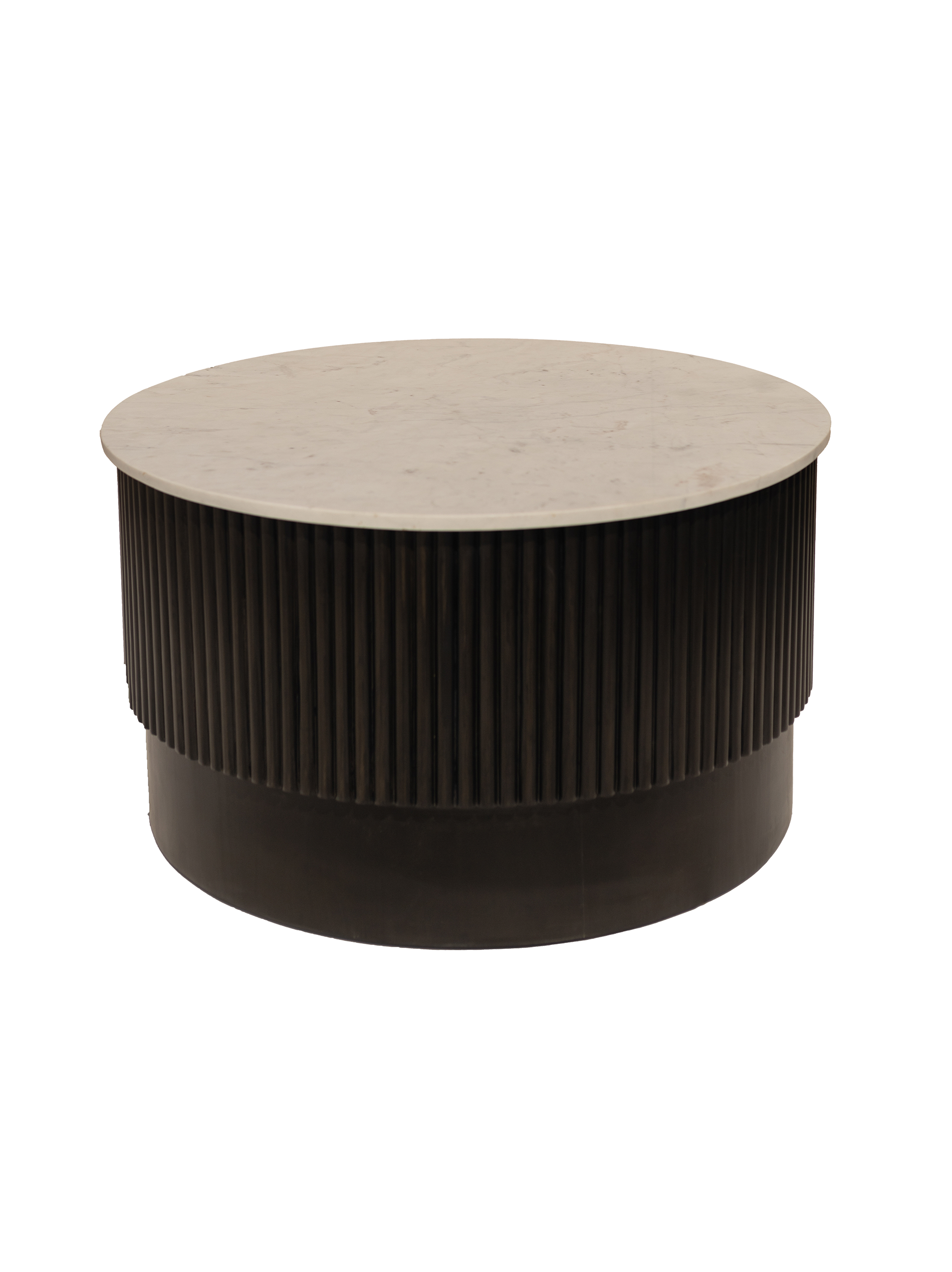 A round coffee table with a solid pine wood base and a genuine marble top.