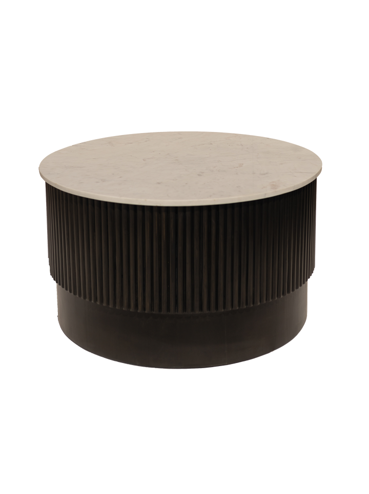 A round coffee table with a solid pine wood base and a genuine marble top.