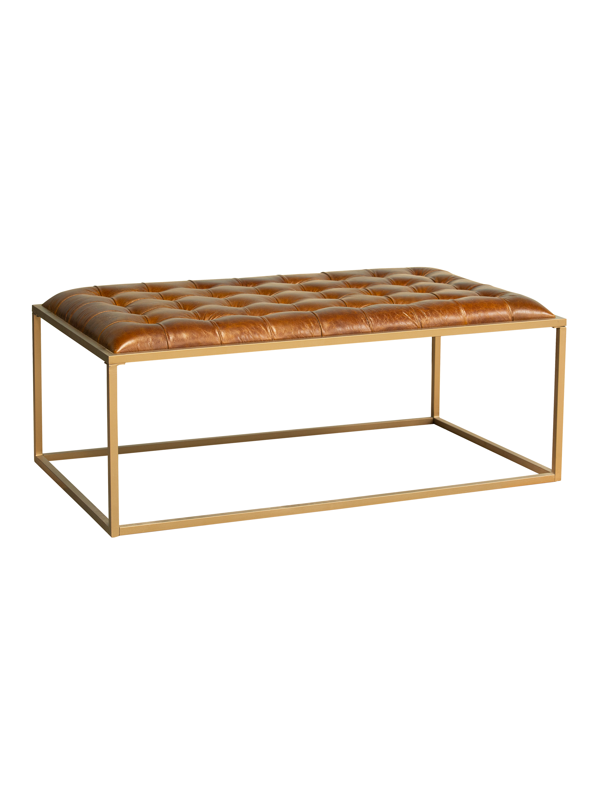 An Ezra Coffee Table with a brown genuine leather tabletop and a gold metal base.