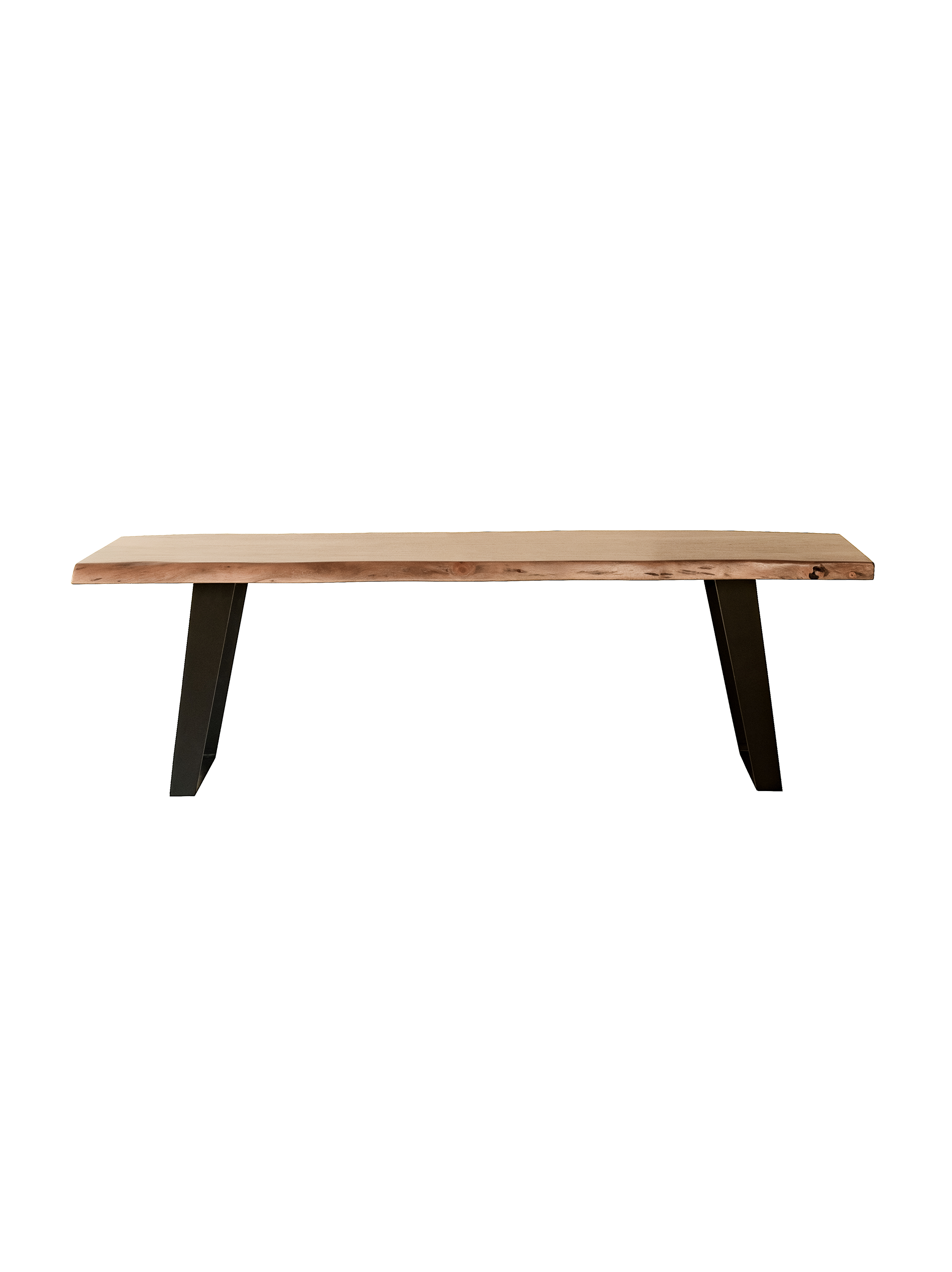 A live edge bench with a solid acacia wood top and iron legs, with a natural finish and raw contours.