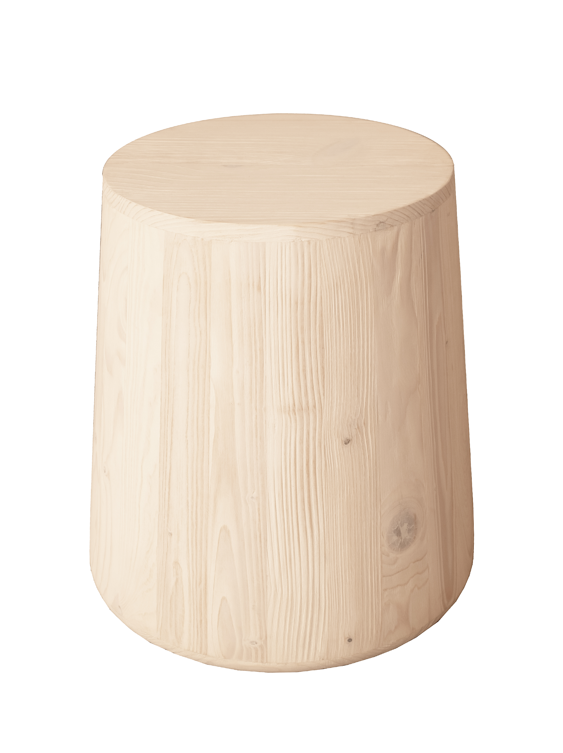 A cylindrical solid spruce wood end table, with a natural wood finish, against a white background.