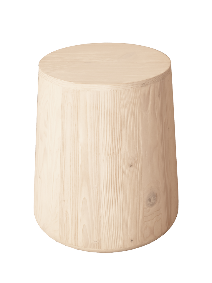 A cylindrical solid spruce wood end table, with a natural wood finish, against a white background.