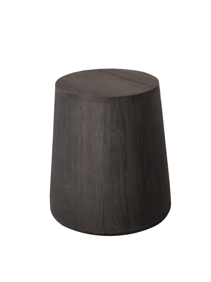 A solid spruce wood end table with a contemporary white and black finish, featuring a unique wide at the bottom and narrow towards the top design.