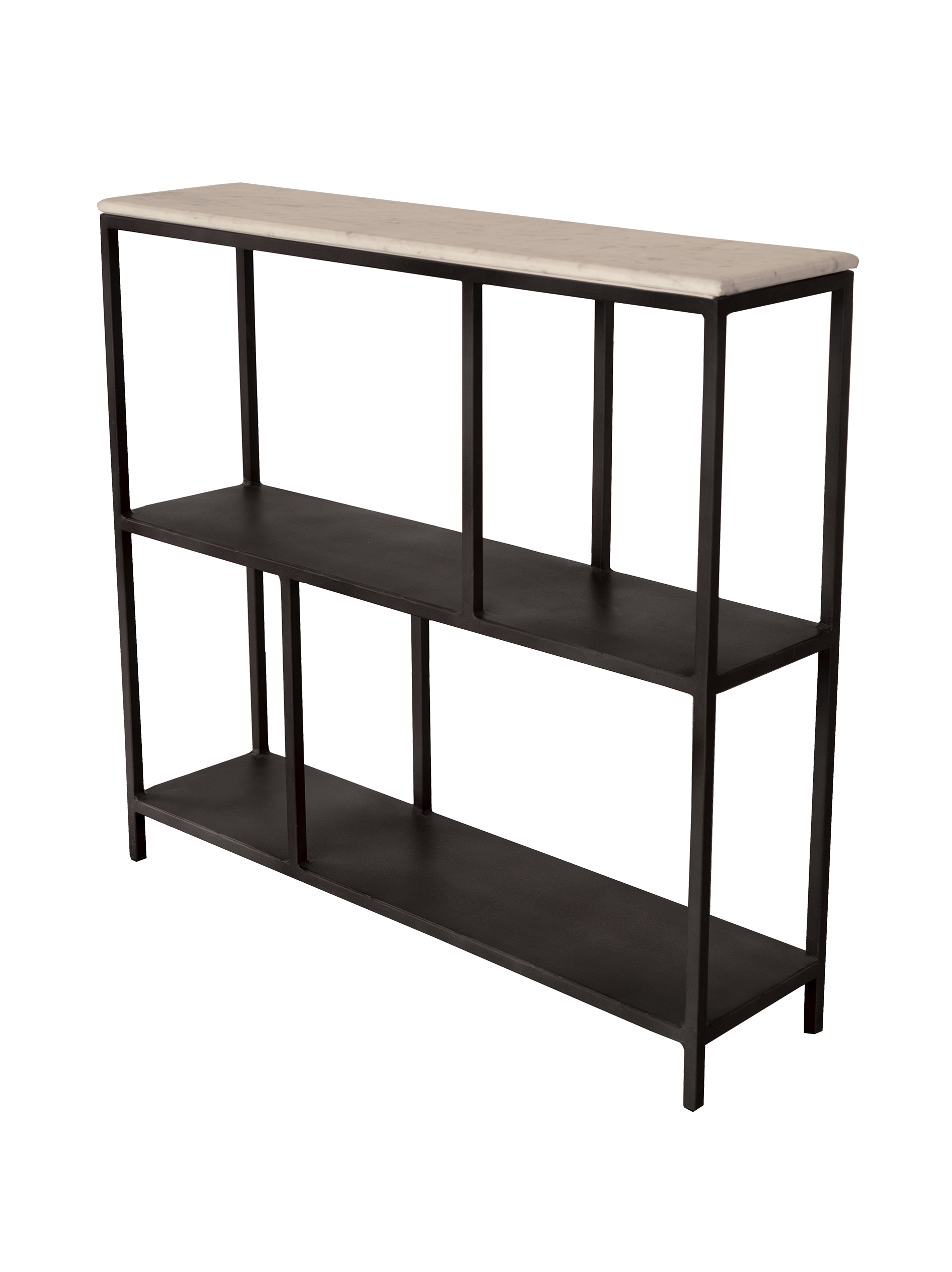 A Marco Console table featuring a white genuine marble top with iron frame and shelves, positioned against a plain background.