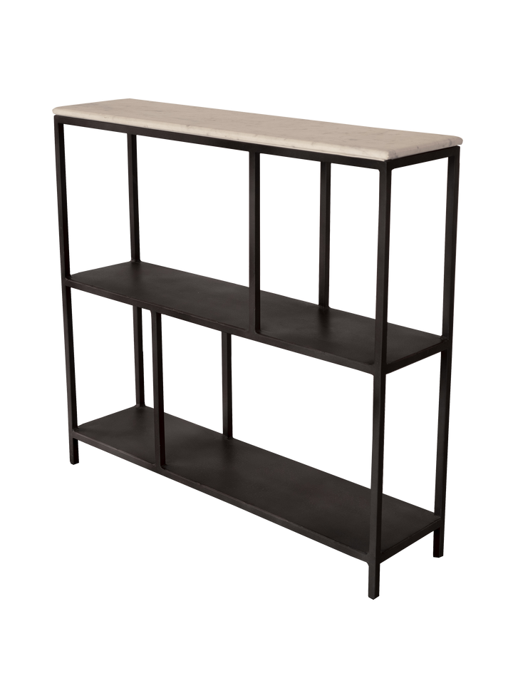 A Marco Console table featuring a white genuine marble top with iron frame and shelves, positioned against a plain background.