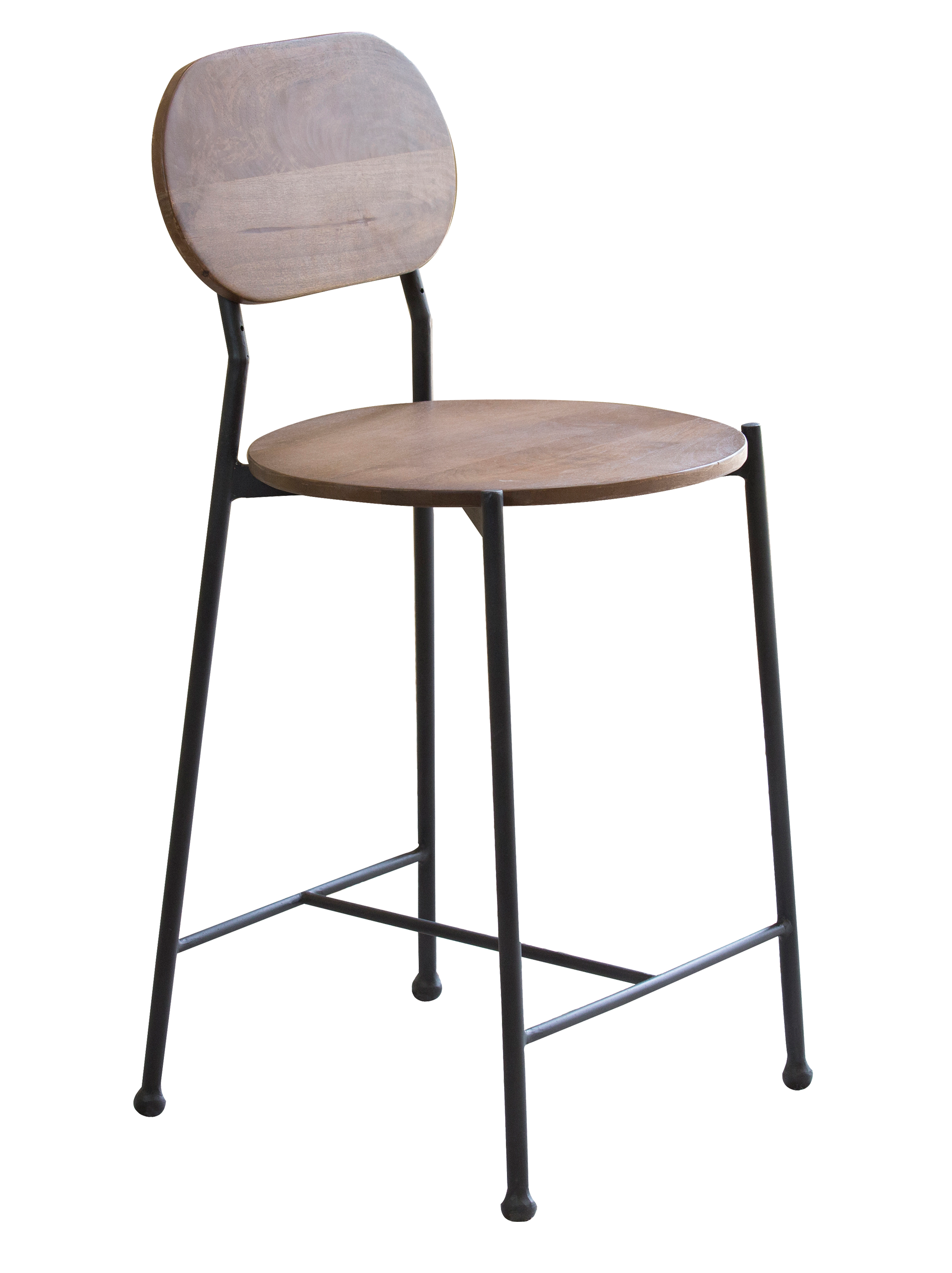 A Mia Counter Stool with a round wooden seat and a metal frame, including a footrest.