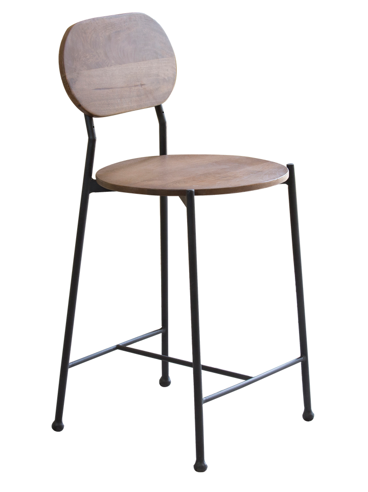 A Mia Counter Stool with a round wooden seat and a metal frame, including a footrest.