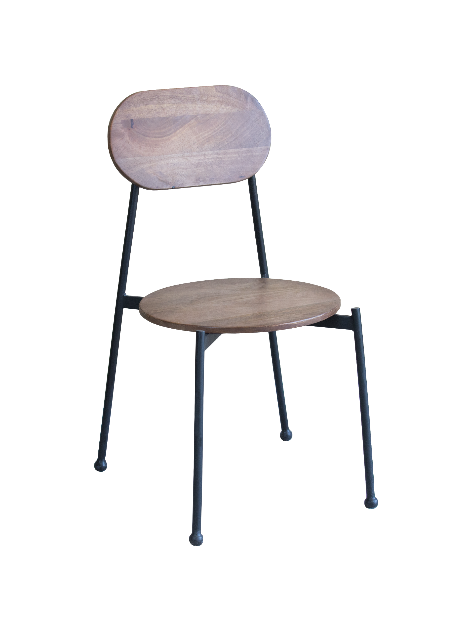 A set of two Mia dining chairs with solid mango wood seats and iron frames.