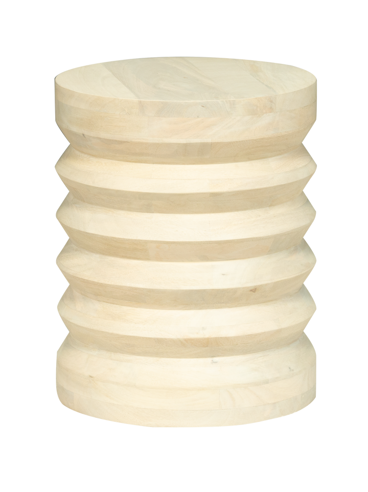 A side table made of solid mango wood with a coil-shaped design.