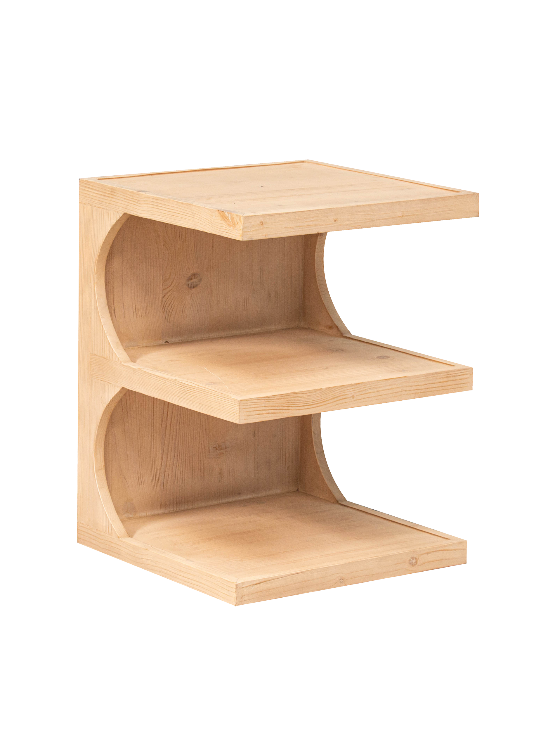 A beige pine wood side table with two shelves, designed to resemble a simple bookcase.