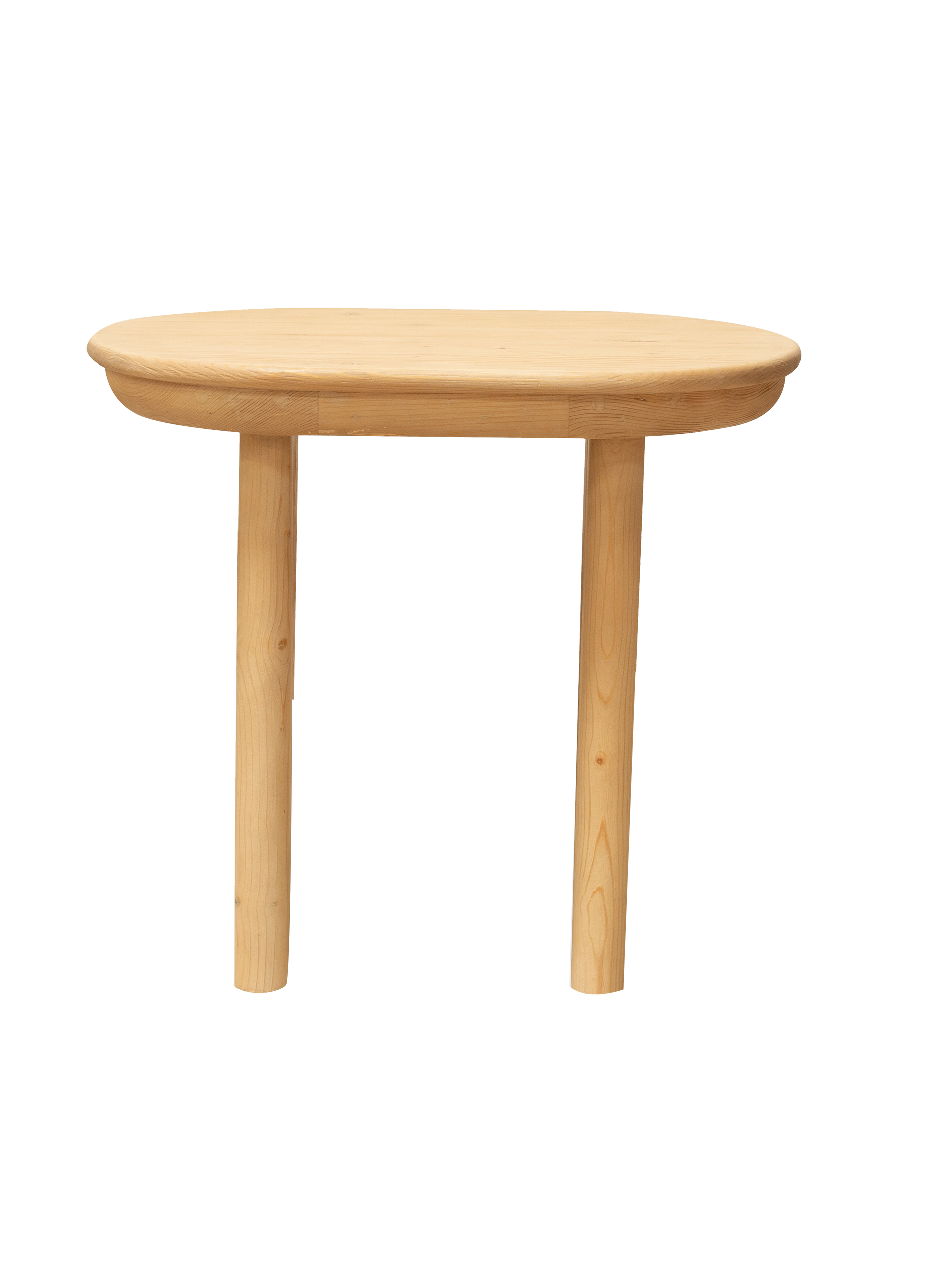 A simple wooden side table with a round top and two vertical legs.