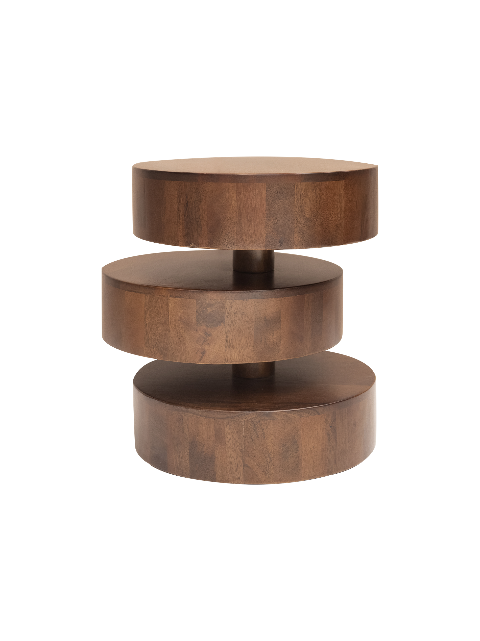 A Riley Side Table with three circular tiers made of solid mango wood, arranged in a stacked fashion, with a flat top suitable for seating or placing items.