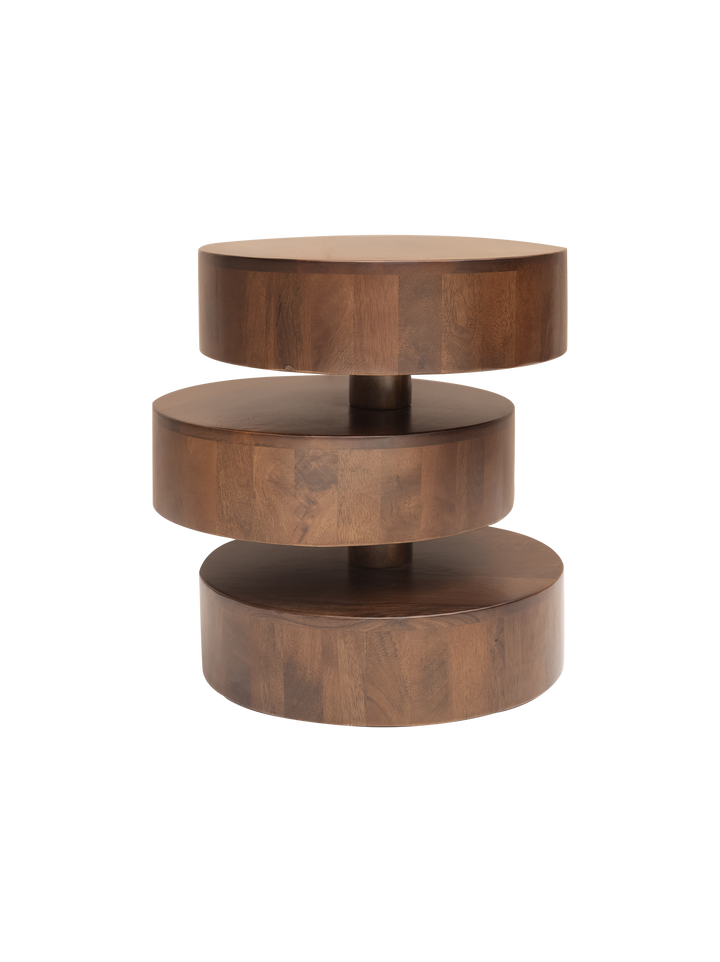 A Riley Side Table with three circular tiers made of solid mango wood, arranged in a stacked fashion, with a flat top suitable for seating or placing items.