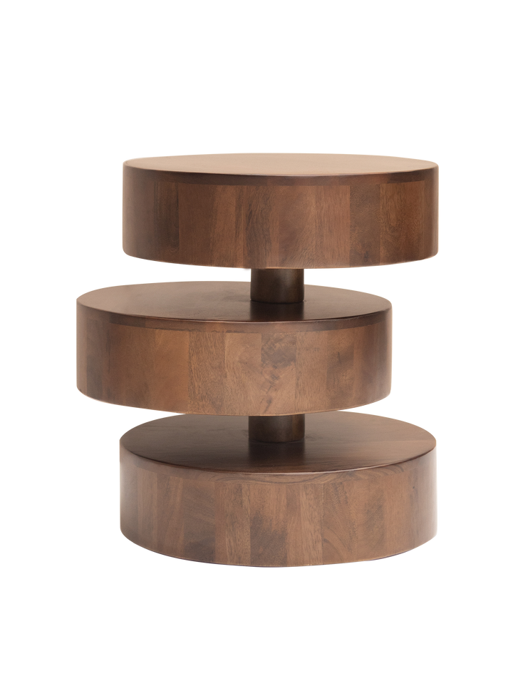 A Riley Side Table with a solid pine wood base and a round genuine marble top, in brown color.