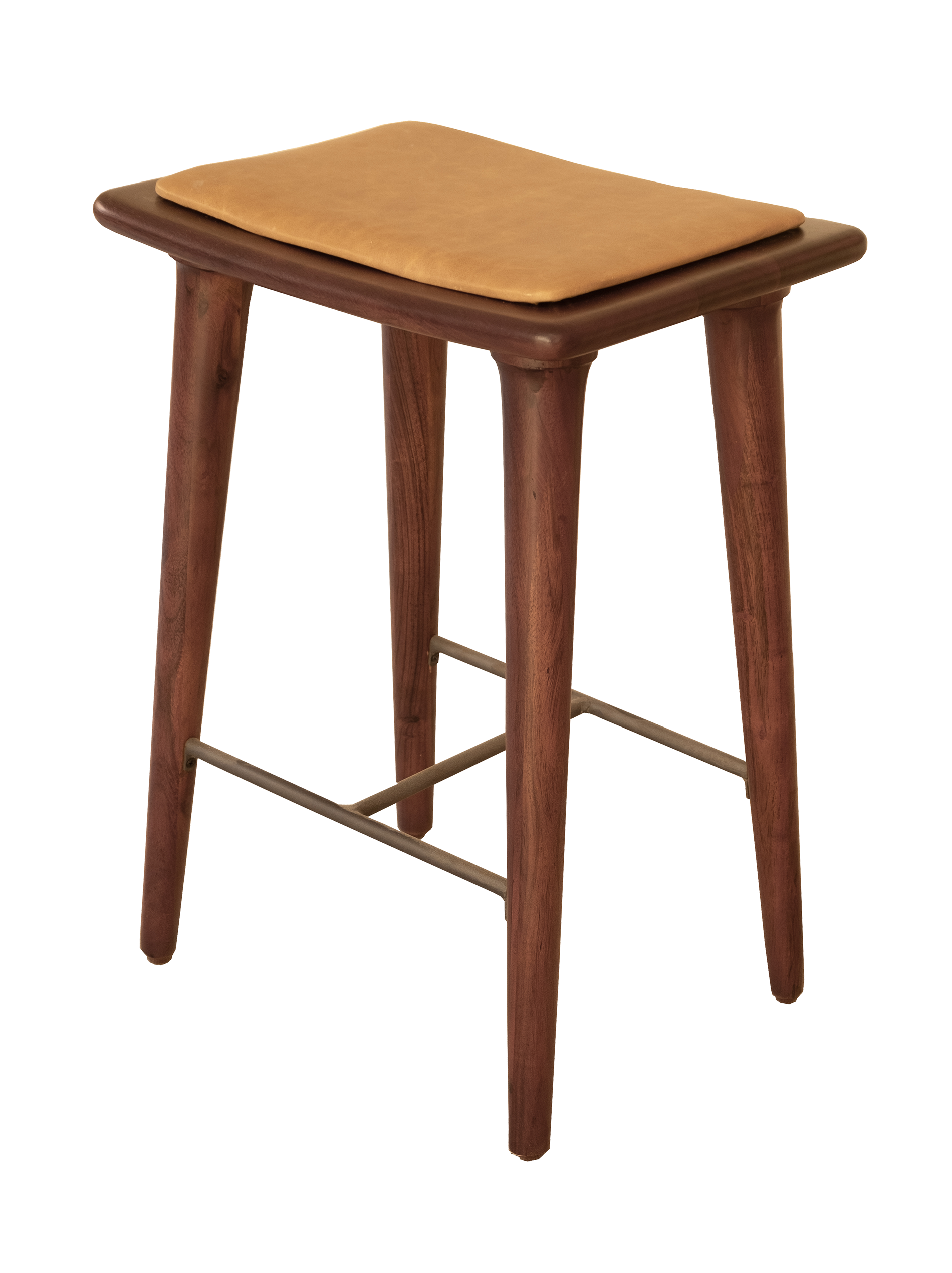 A brown Tucker counter stool with a solid acacia wood seat and iron frame.