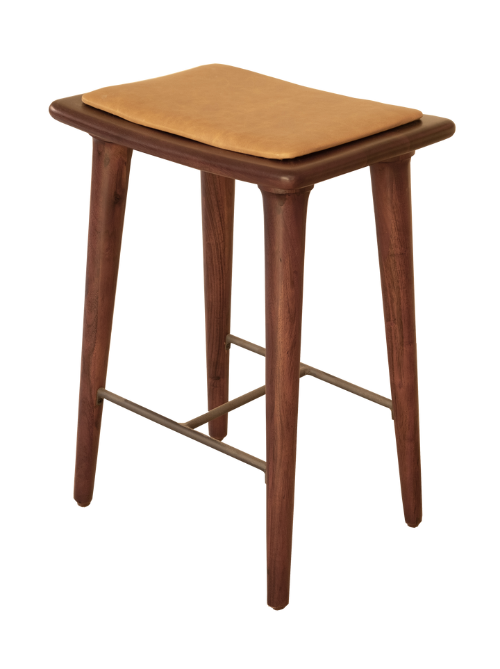 A brown Tucker counter stool with a solid acacia wood seat and iron frame.