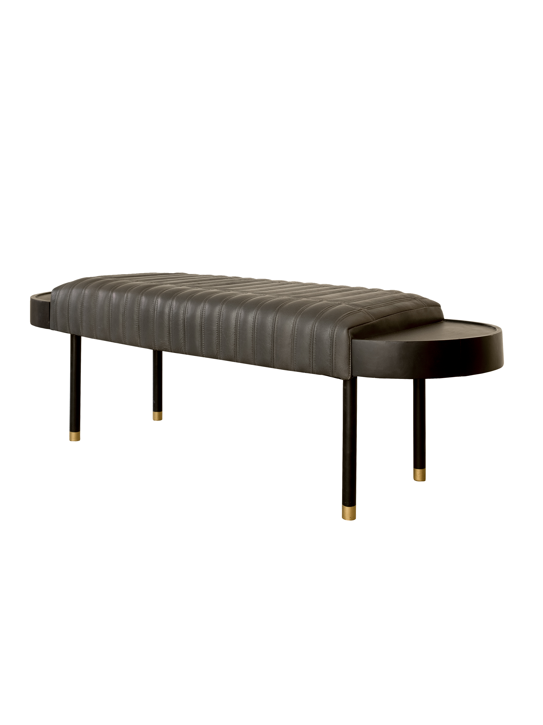 A bench with a gray cushioned top made of genuine leather, solid mango wood frame, and metal legs with gold accents.