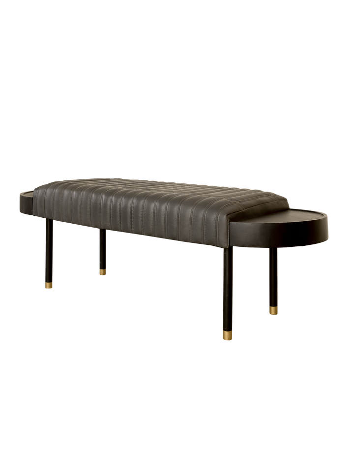 A bench with a gray cushioned top made of genuine leather, solid mango wood frame, and metal legs with gold accents.