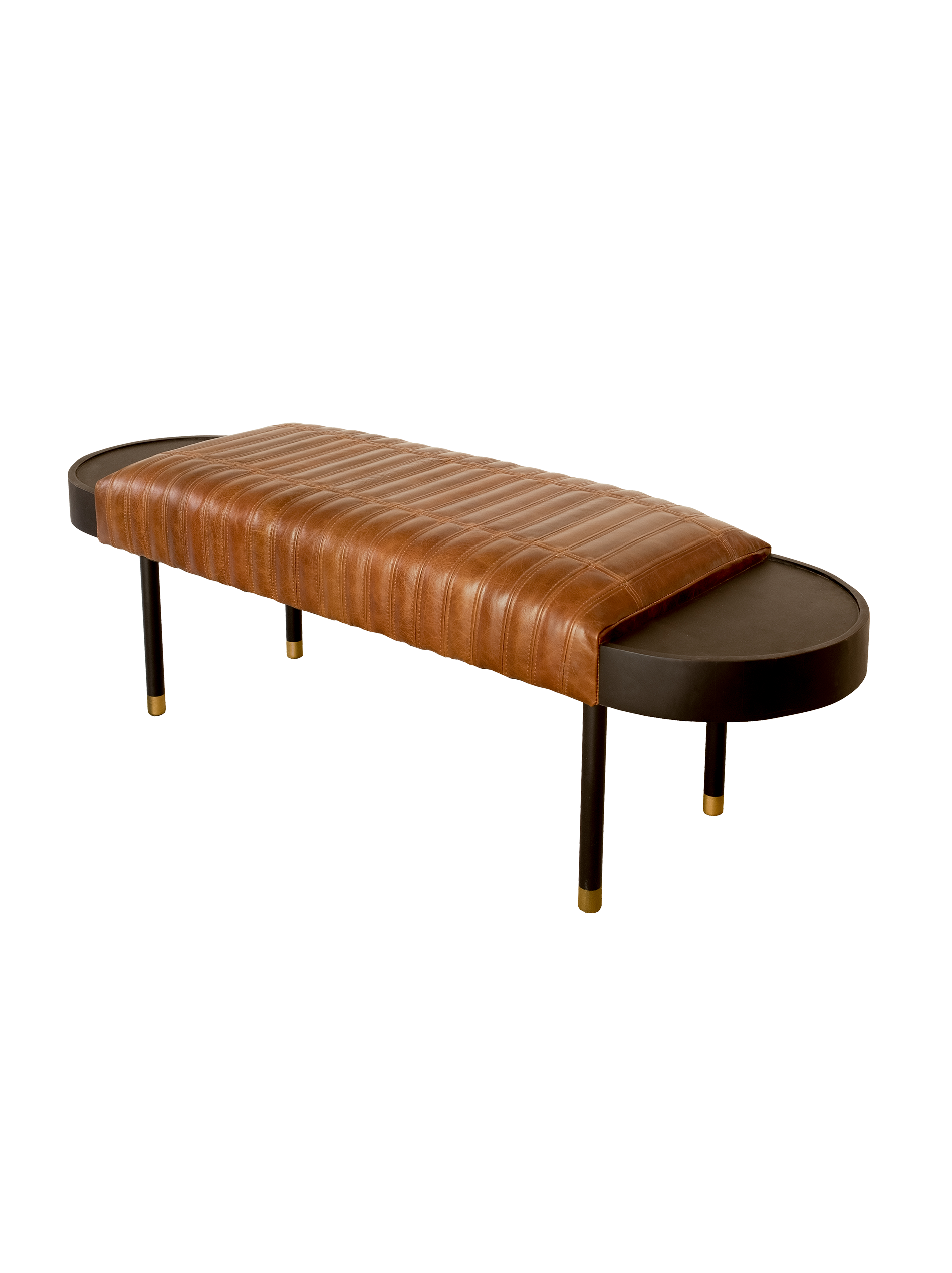A brown upholstered bench with genuine leather padding and mango wood legs, finished with gold accents on the legs.
