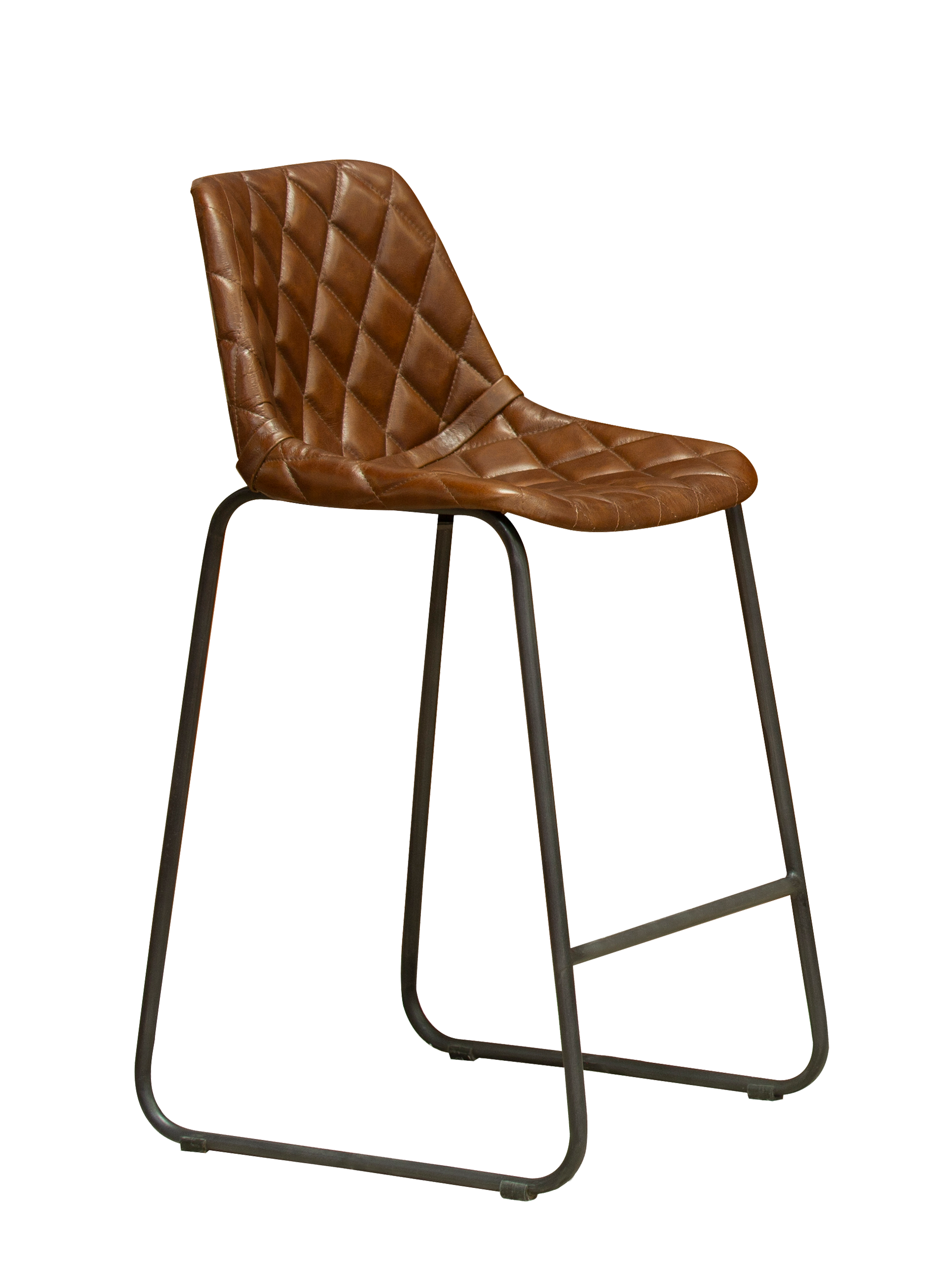 A brown genuine leather counter stool with iron frame and diamond tufting, featuring a footrest.