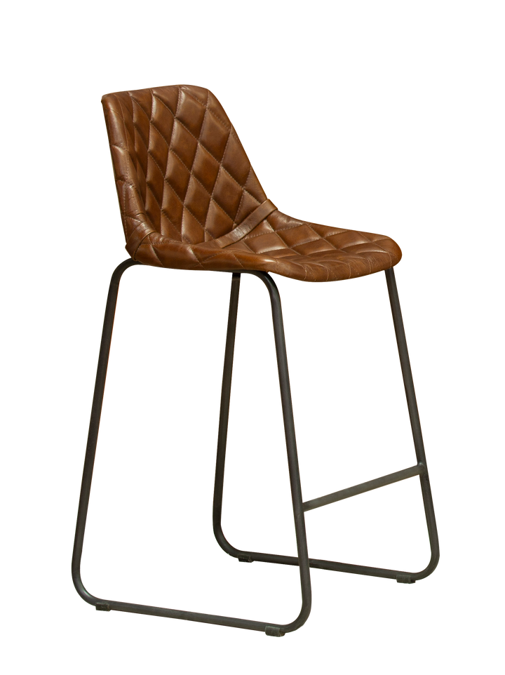 A brown genuine leather counter stool with iron frame and diamond tufting, featuring a footrest.