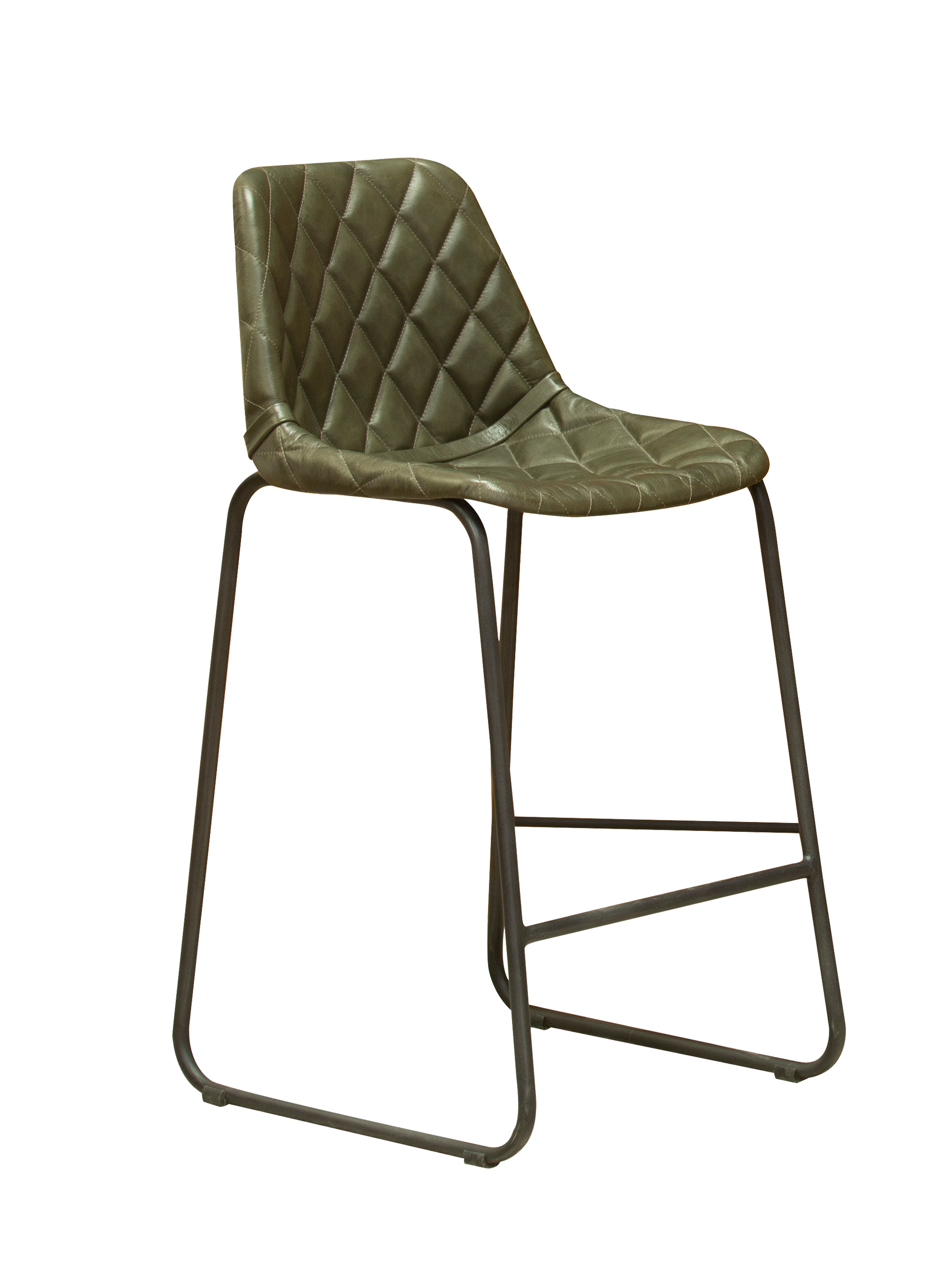 A brown genuine leather counter stool with iron frame and diamond tufting, featuring a footrest.