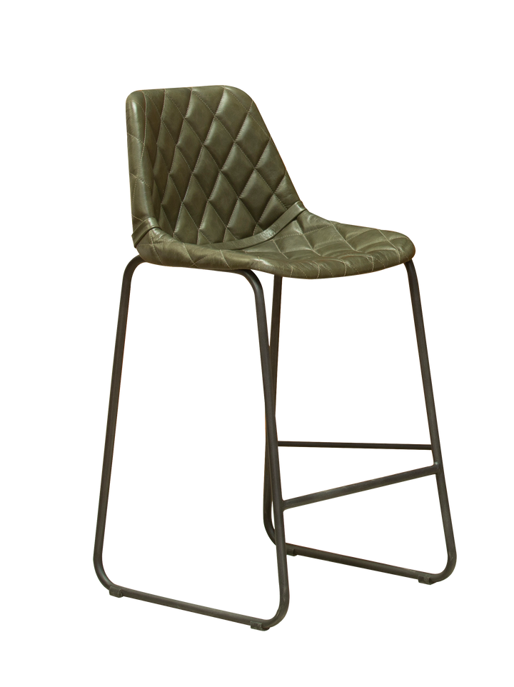 A brown genuine leather counter stool with iron frame and diamond tufting, featuring a footrest.