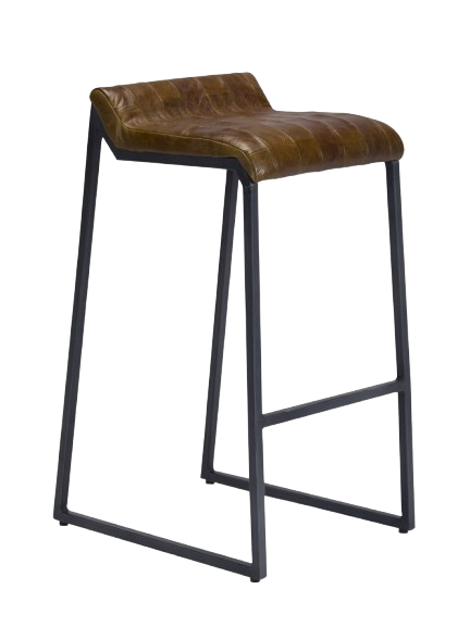 A brown leather counter stool with a sturdy iron frame, designed for kitchen use.