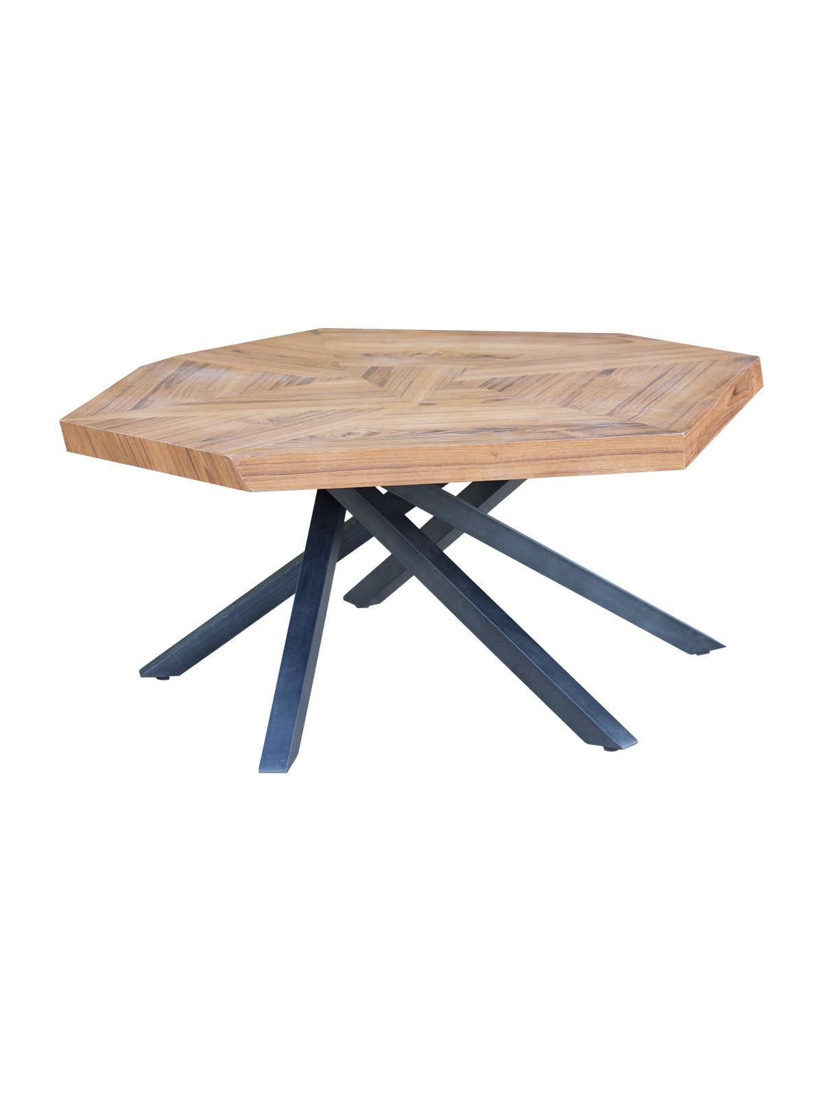 A rectangular Amelia Coffee Table with a wooden top and black iron legs.