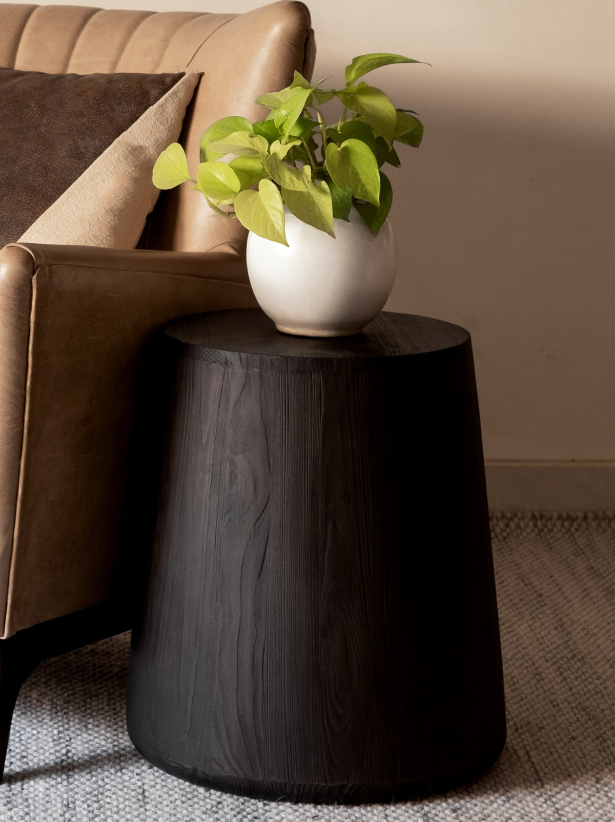 A contemporary style Lopat End Table with a wide base and a narrow top, displaying a white and green potted plant, placed on a dark wood surface.