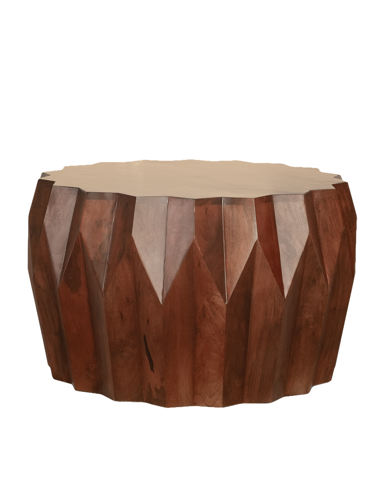A round, solid wood coffee table with a geometric faceted shape, predominantly brown in color.