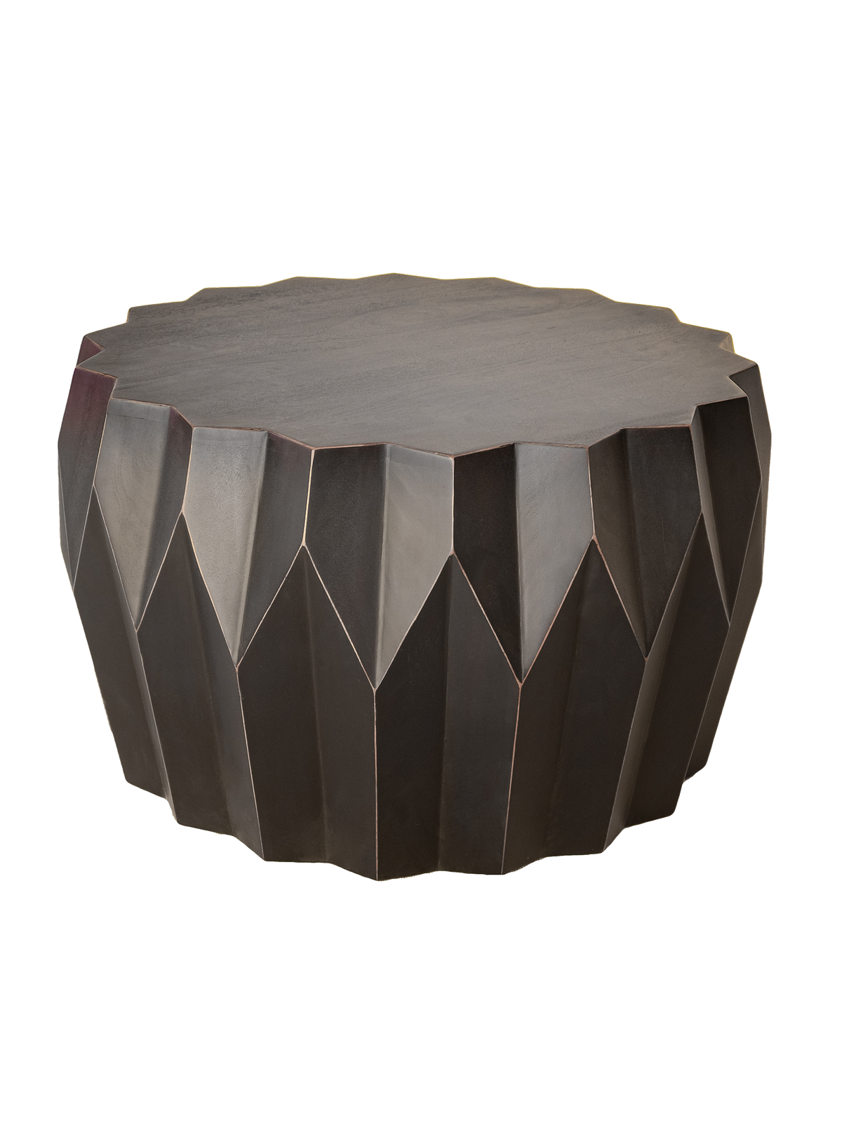 A round, solid wood coffee table with a geometric faceted shape, predominantly brown in color.