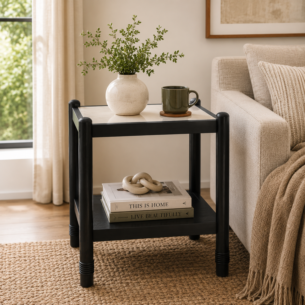 Ellpa Mango wood & marble side table-Ebnoy