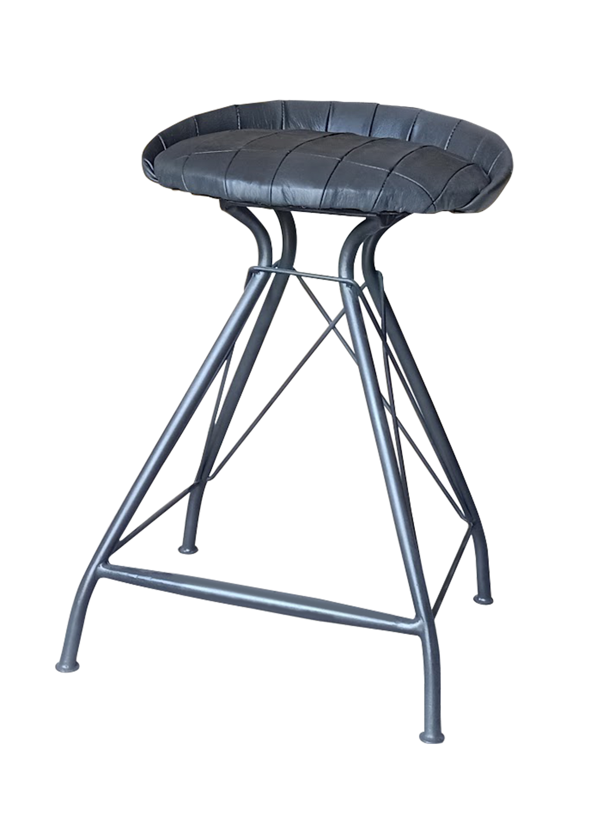 A gray Elbridge counter stool with a genuine leather seat and an iron frame.