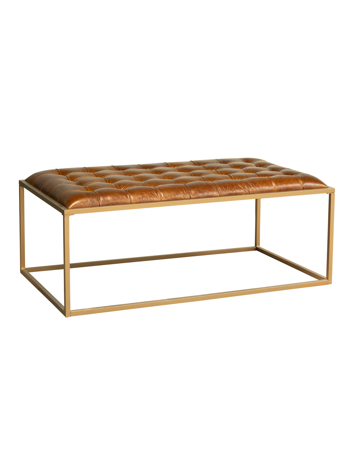 An Ezra Coffee Table with a brown genuine leather tabletop and a gold metal base.