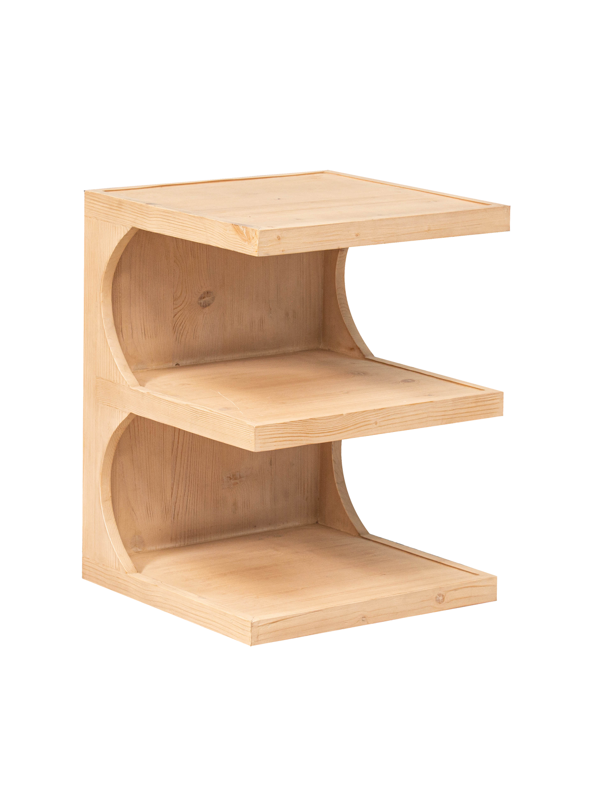 A beige pine wood side table with two shelves, designed to resemble a simple bookcase.