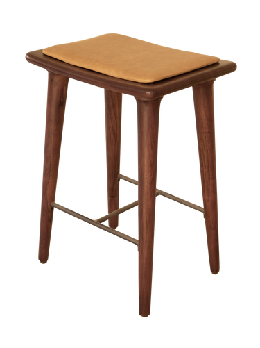 A brown Tucker counter stool with a solid acacia wood seat and iron frame.