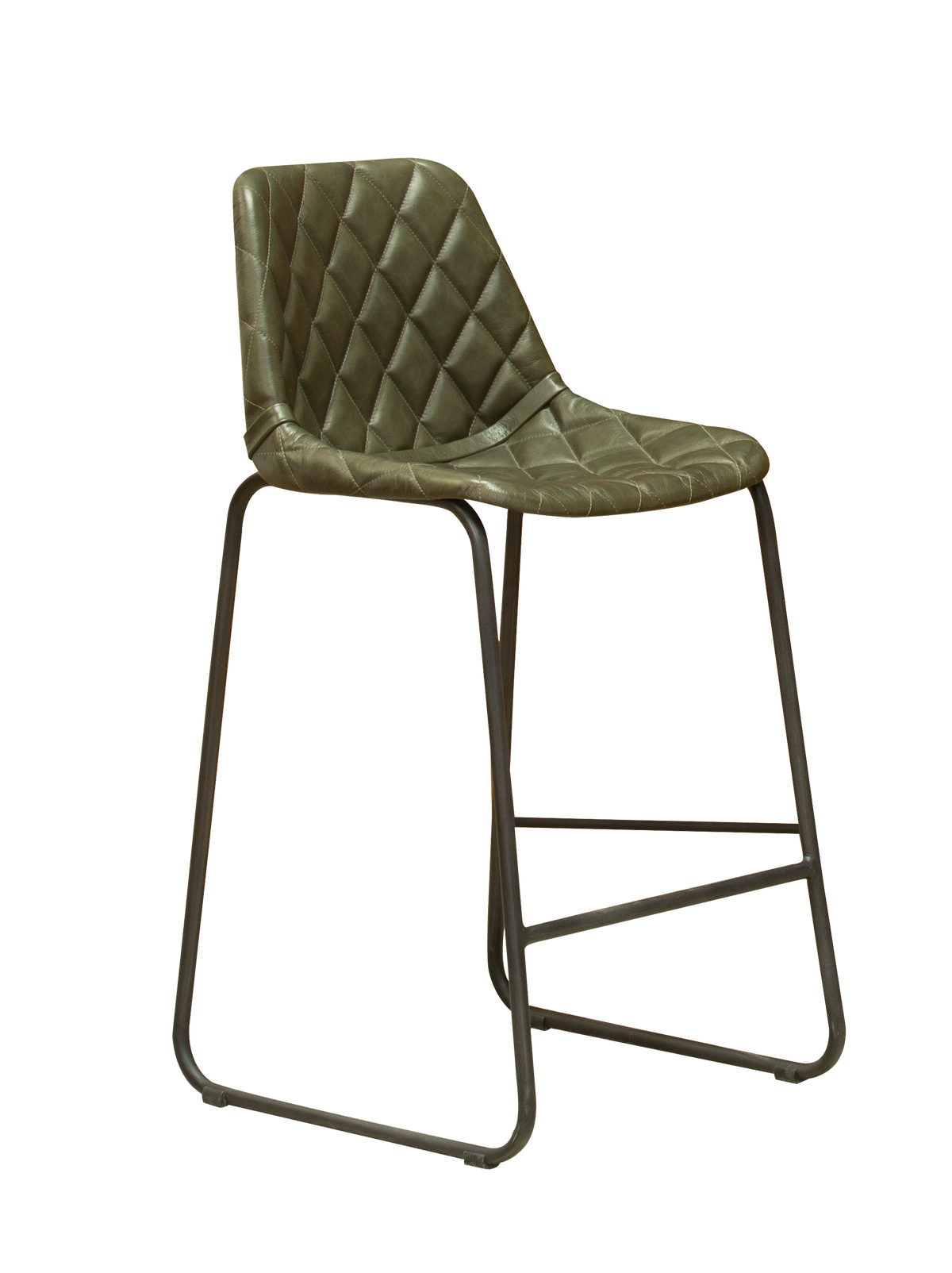 A brown genuine leather counter stool with iron frame and diamond tufting, featuring a footrest.